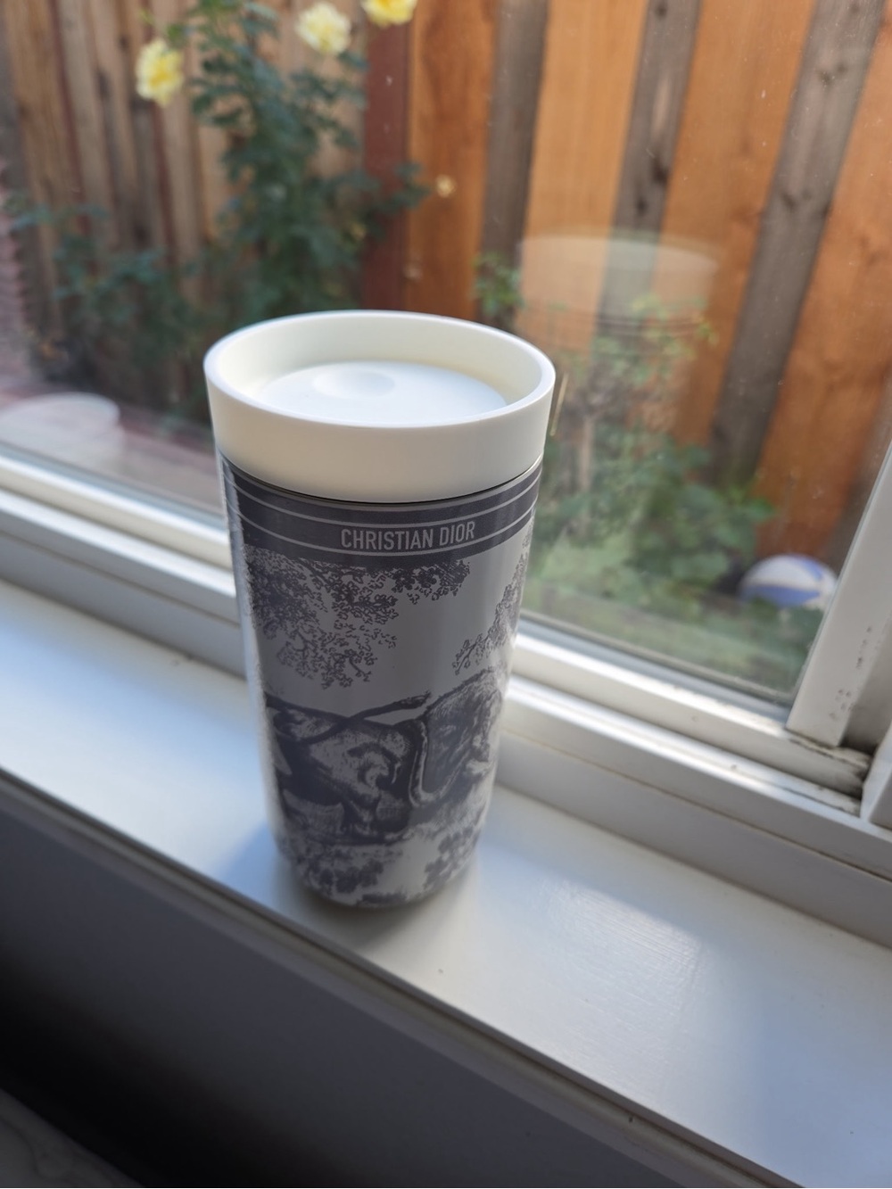 Dior Gray and White Toile Travel Mug
